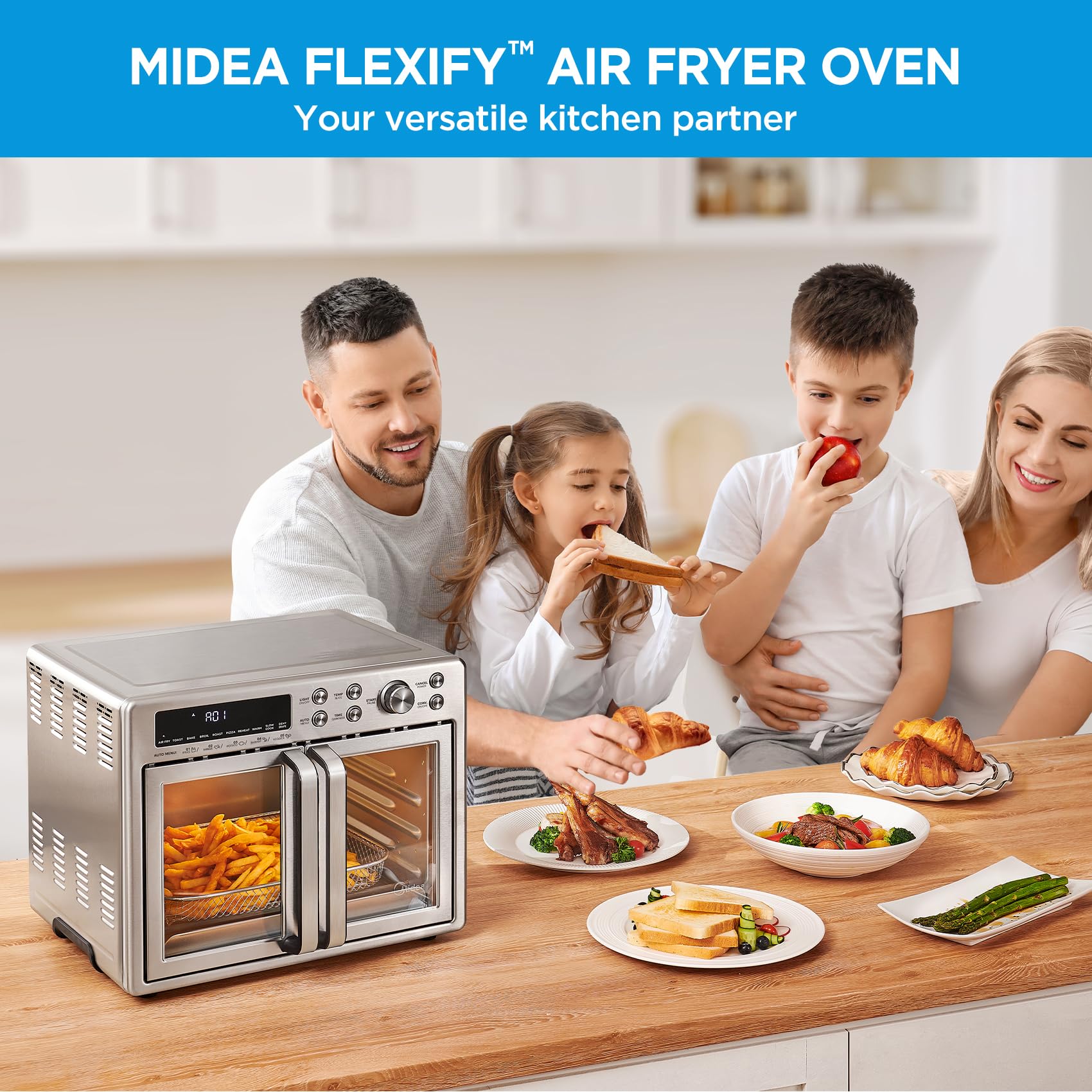Midea Flexify Classic scale comparison with hands to illustrate compact 26.4 QT size