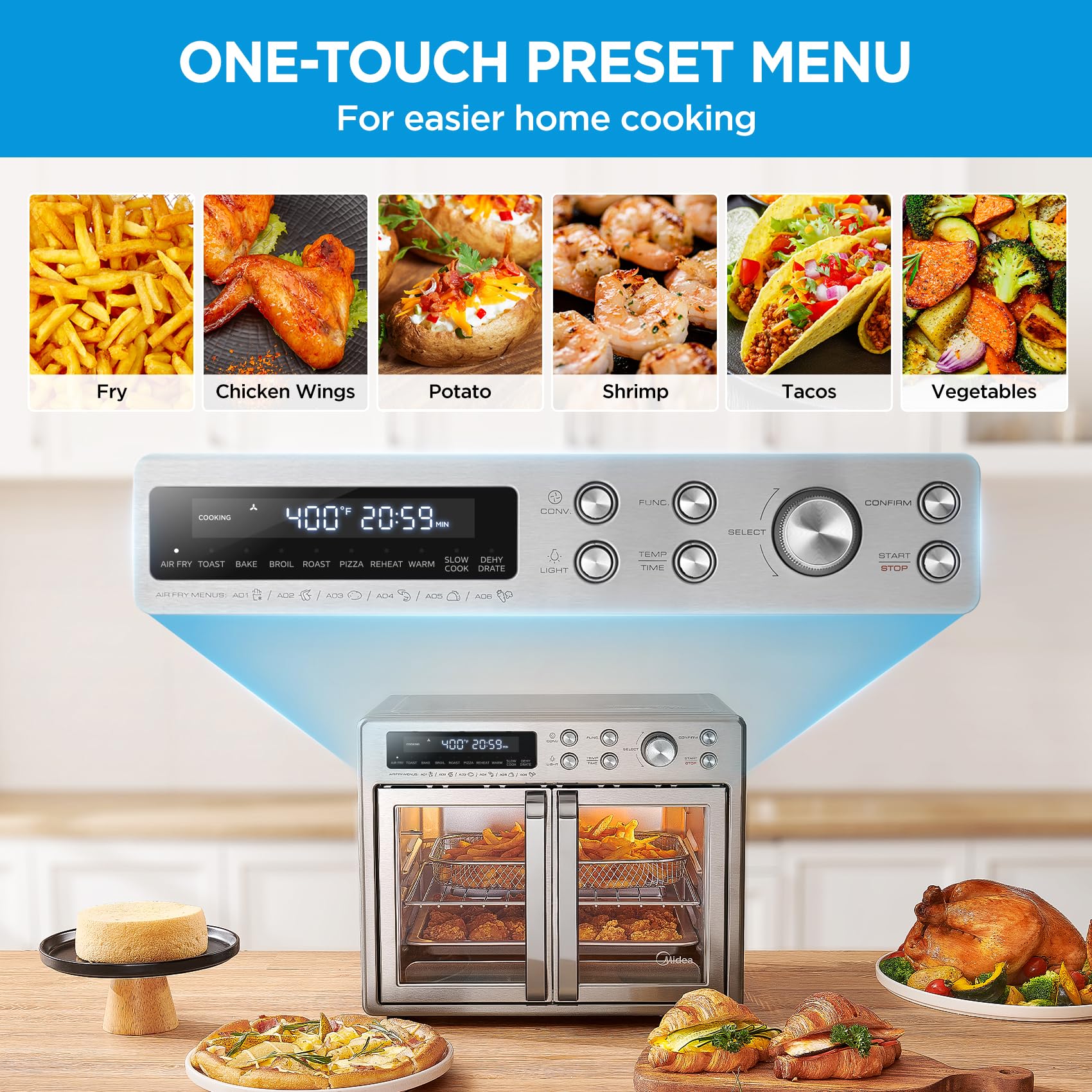 Midea Flexify Classic toasting bread and air frying wings to show multi‑function cooking