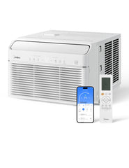 Midea front view showing unit in window and clear cooling benefit