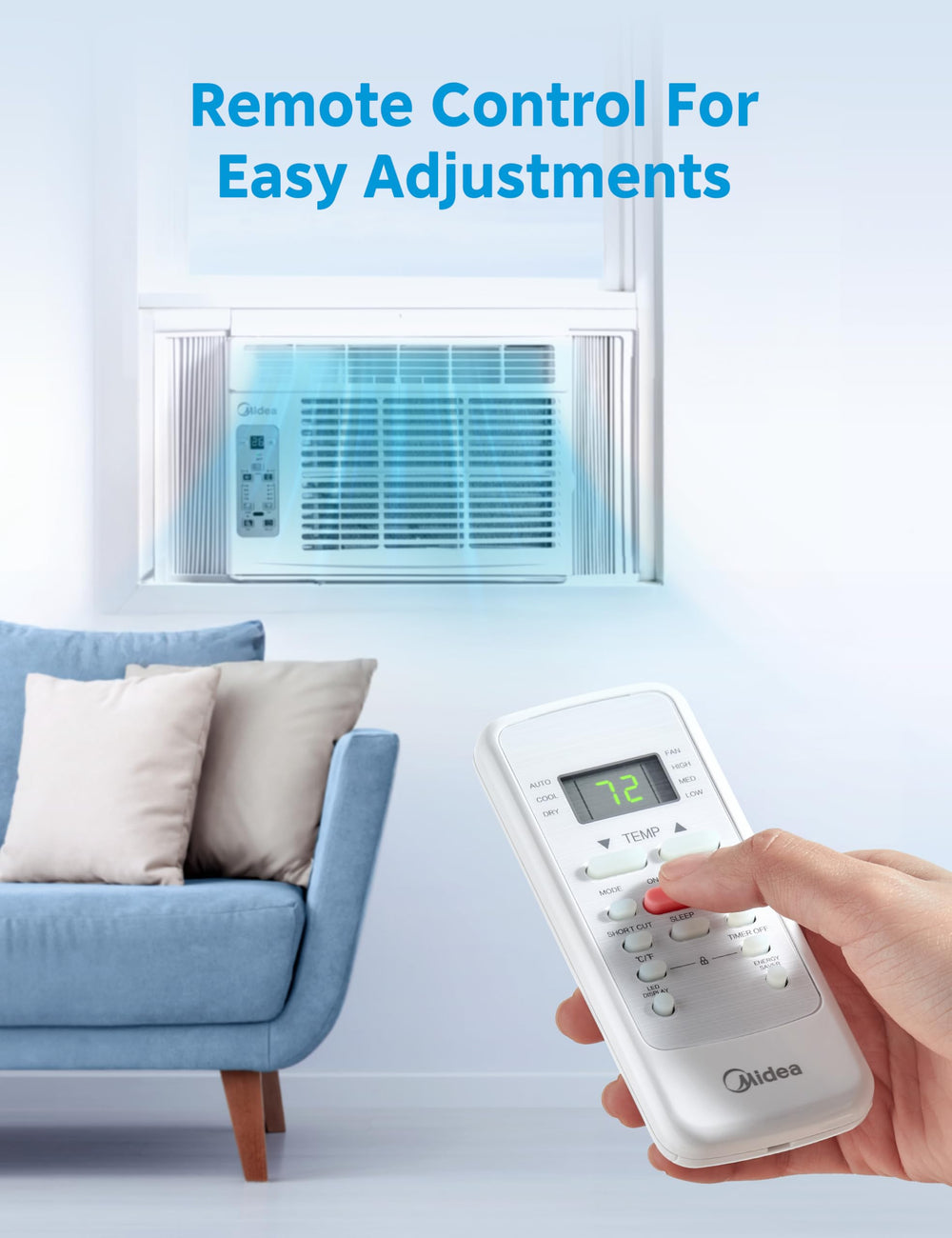 Midea LED display and controls lit up for easy setting and intuitive operation