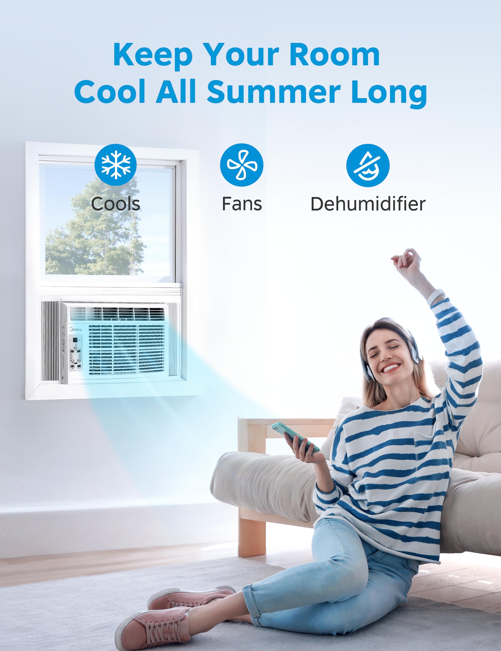Midea side mounted in window demonstrating secure fit and expandable panels for easy install
