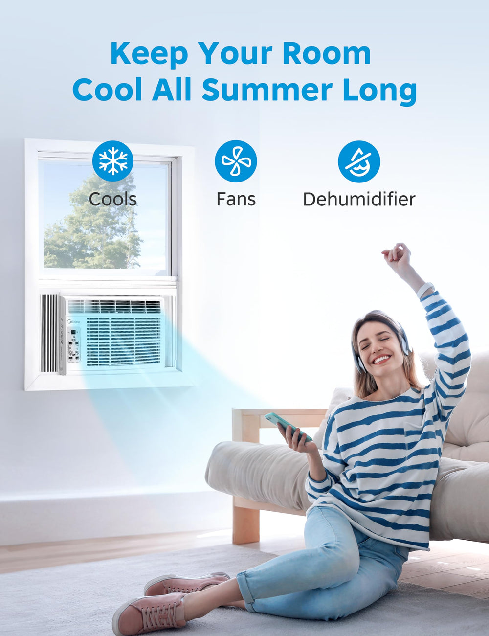 Midea side mounted in window demonstrating secure fit and expandable panels for easy install