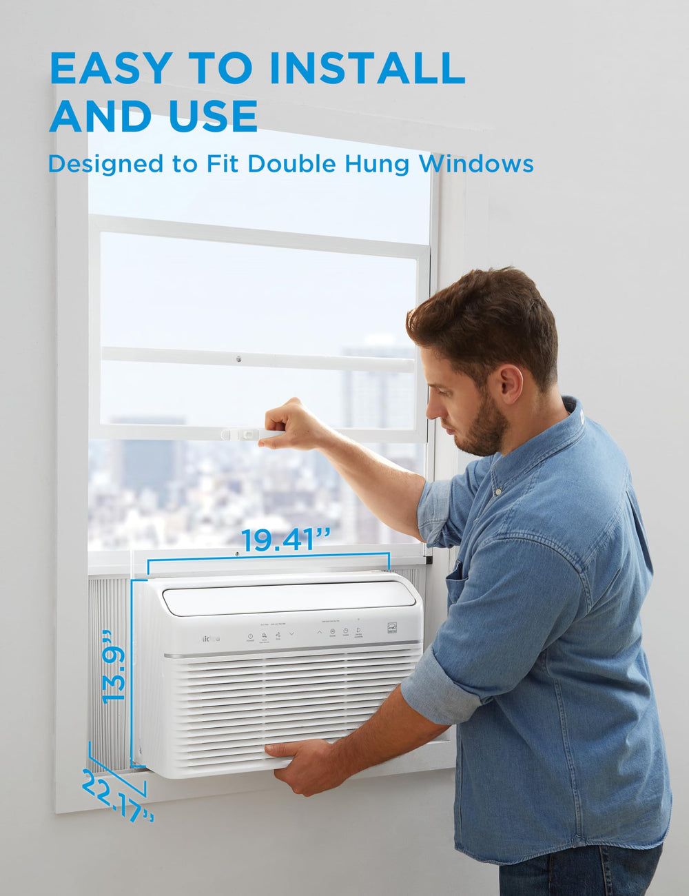 Midea unit next to tape measure showing compact footprint and sizing benefit