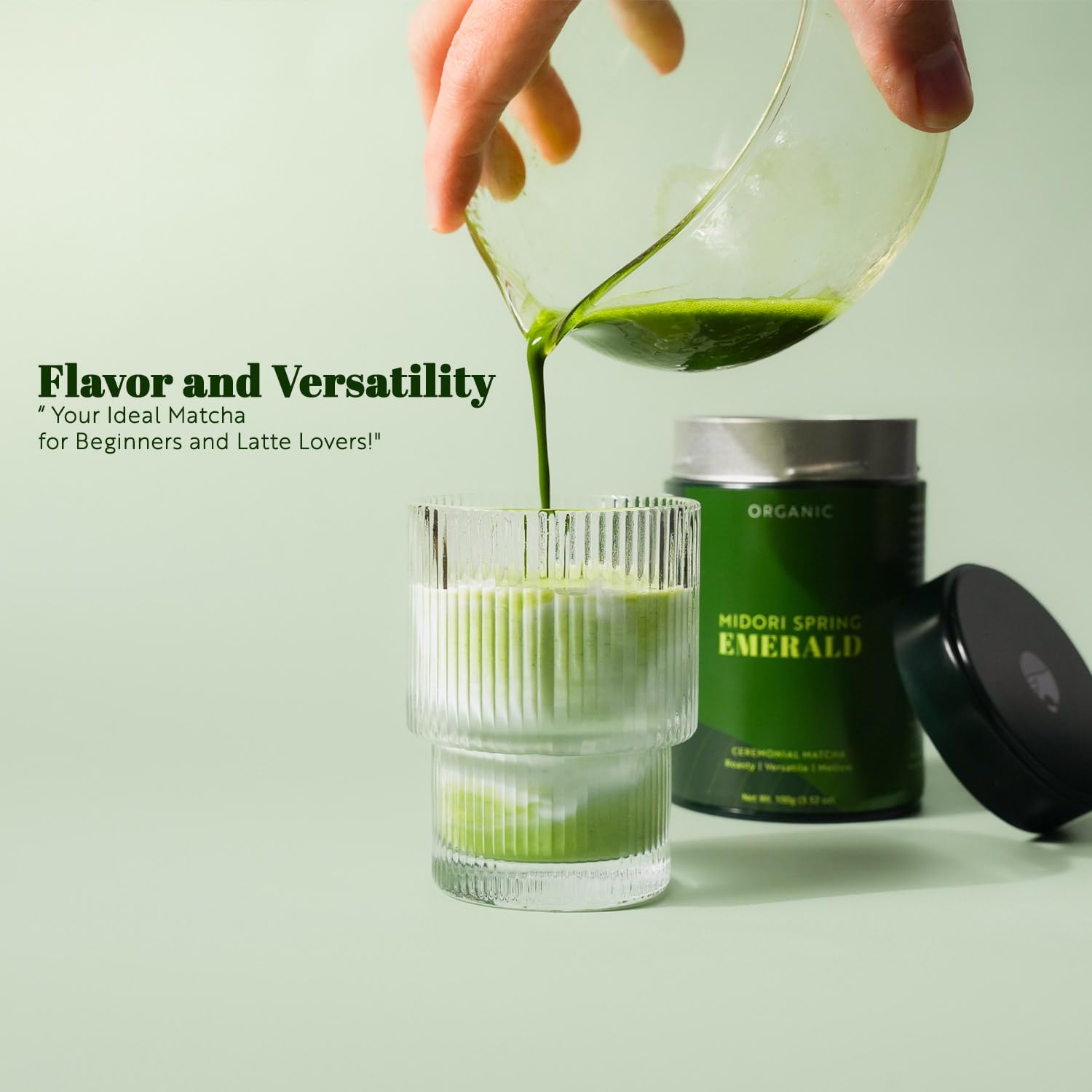Midori Spring matcha powder close-up texture showing vibrant green color