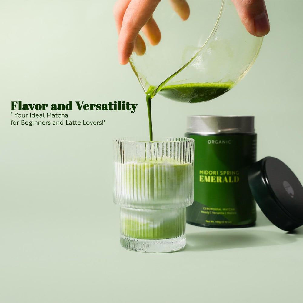 Midori Spring matcha powder close-up texture showing vibrant green color