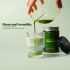 Midori Spring matcha powder close-up texture showing vibrant green color