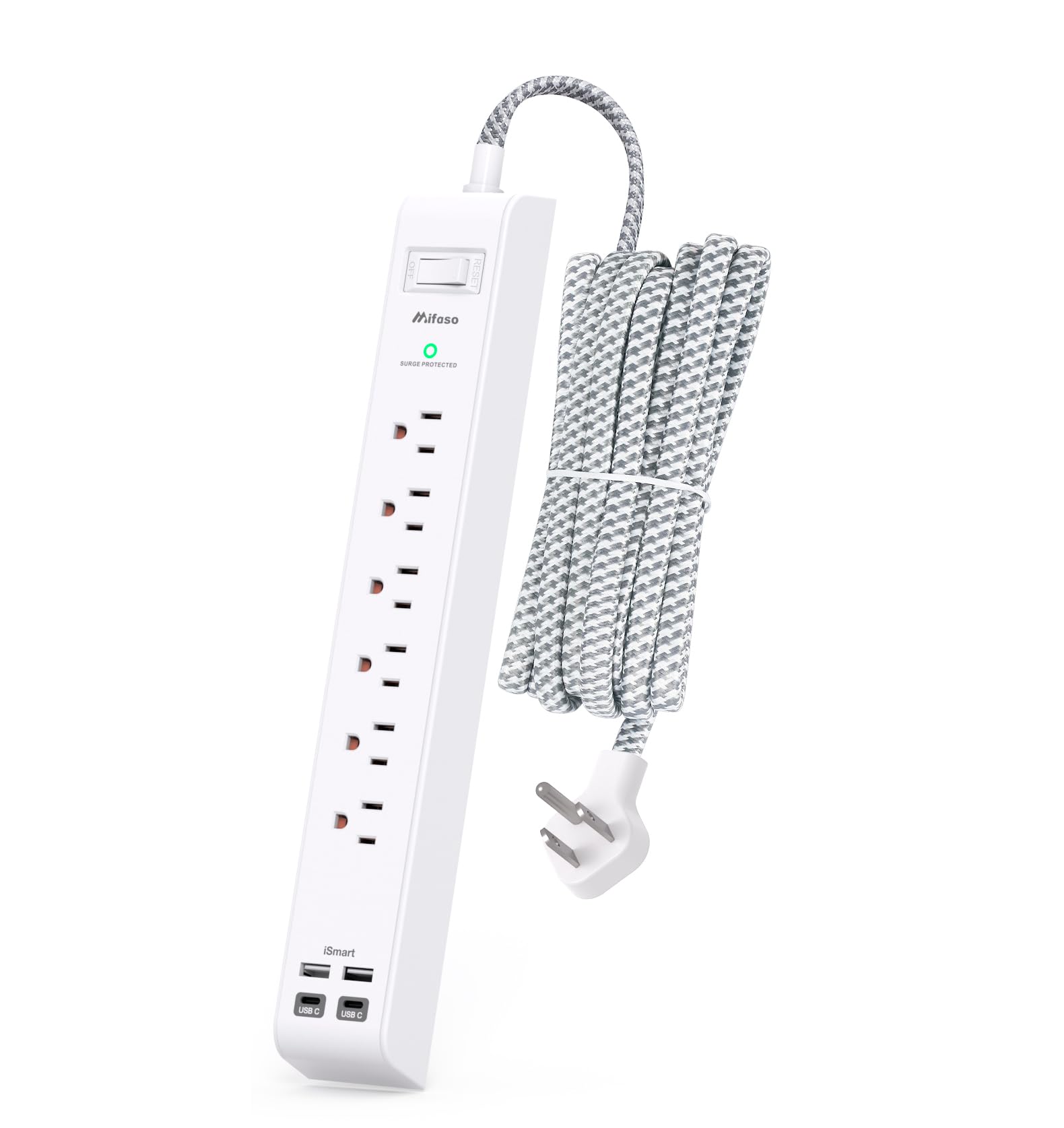 Mifaso front view showing six AC outlets and four USB ports for organized charging