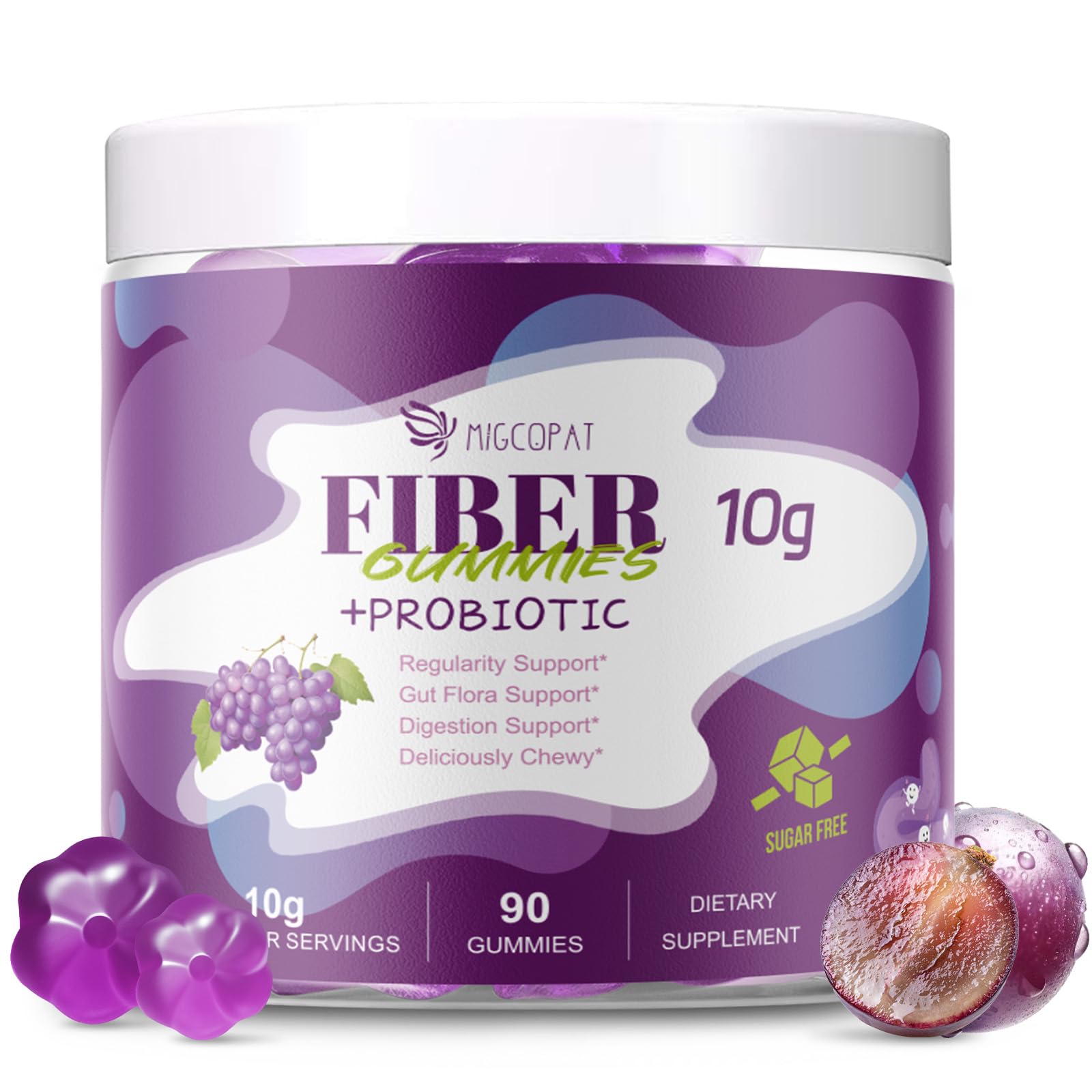 Migcopat front packaging showing jar and grape flavor, clear benefit for daily fiber