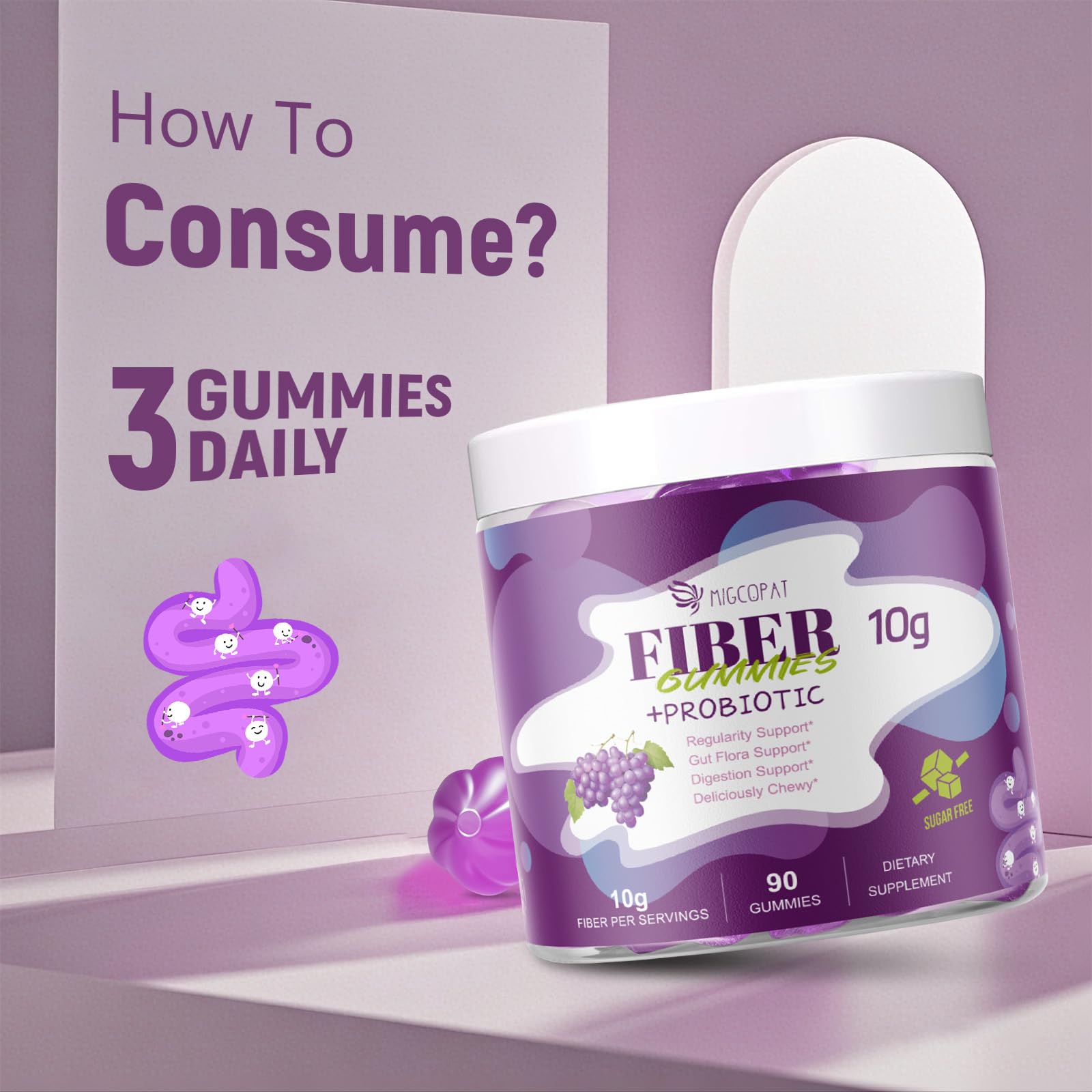 Migcopat jar and gummies on kitchen counter suggesting everyday routine integration