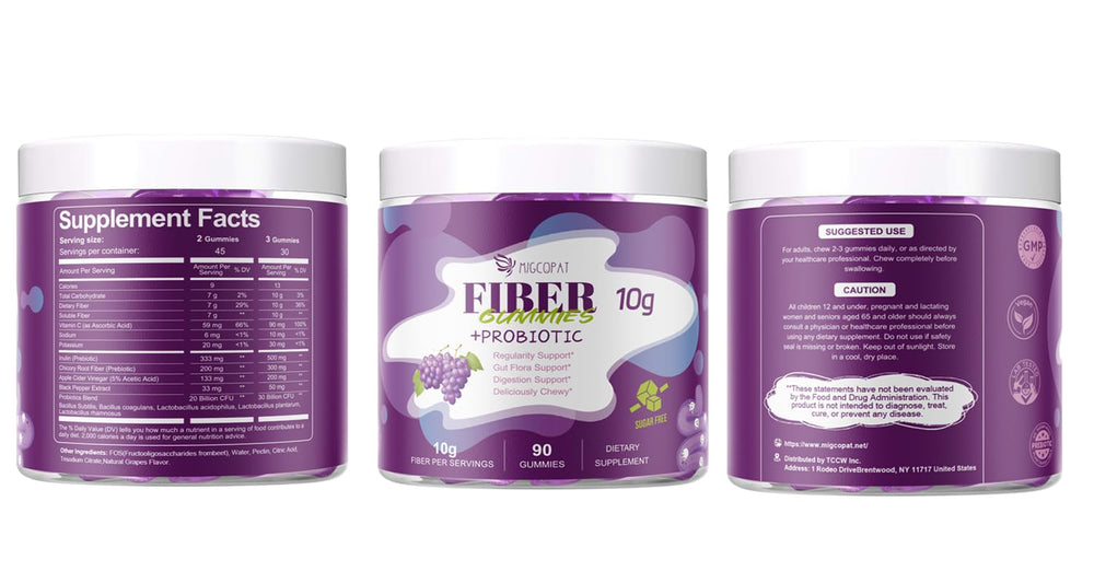 Migcopat nutritional panel closeup focusing on fiber content and allergen-free claims