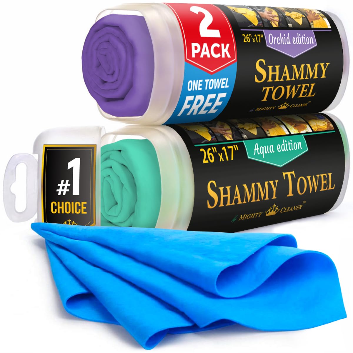 Mighty Cleaner front packaging showing three chamois towels and tubes for quick use