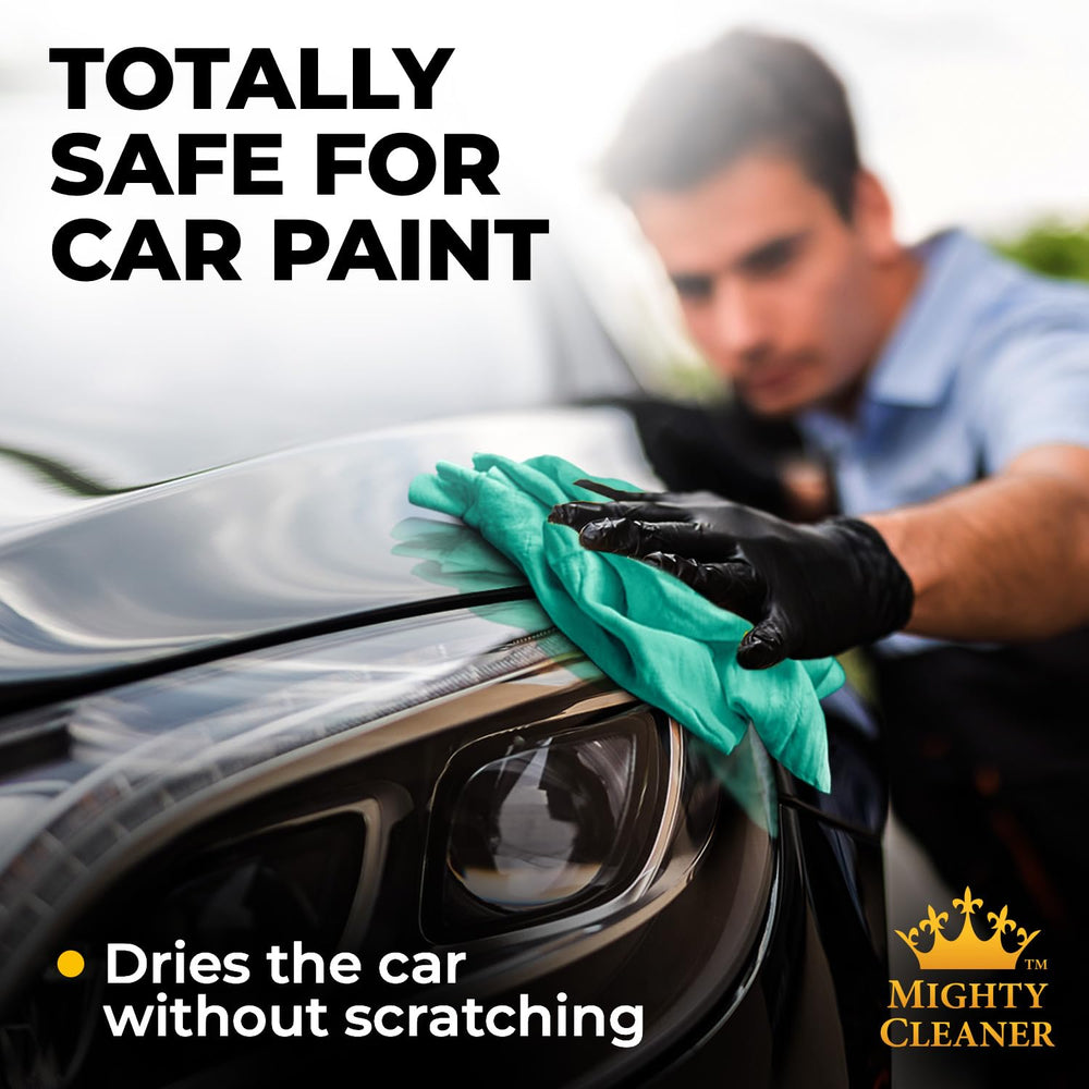 Mighty Cleaner towel drying a car hood fast to prevent water spots