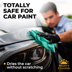 Mighty Cleaner towel drying a car hood fast to prevent water spots