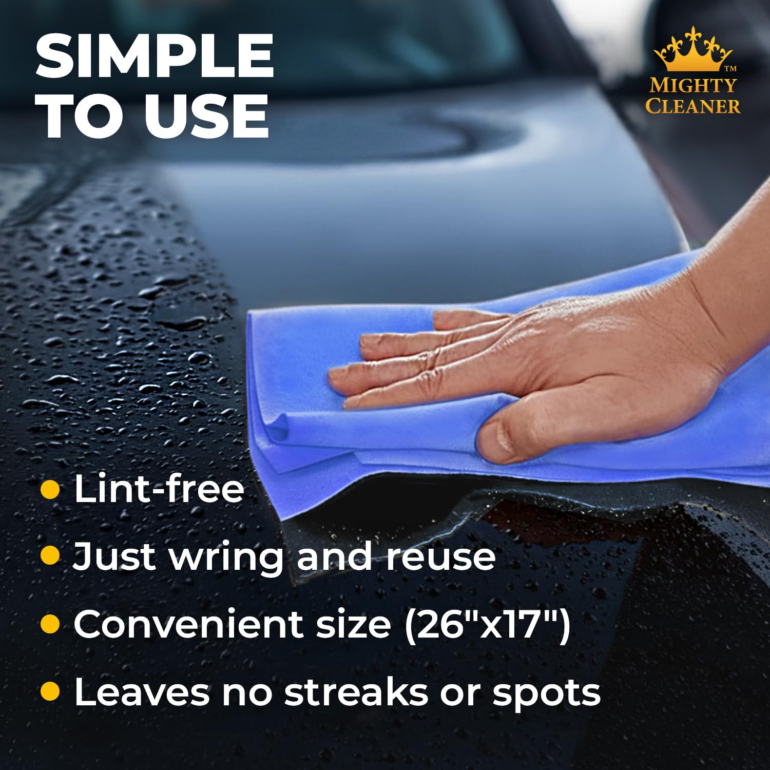 Mighty Cleaner next to a hand showing 26x17 size for wide-panel coverage