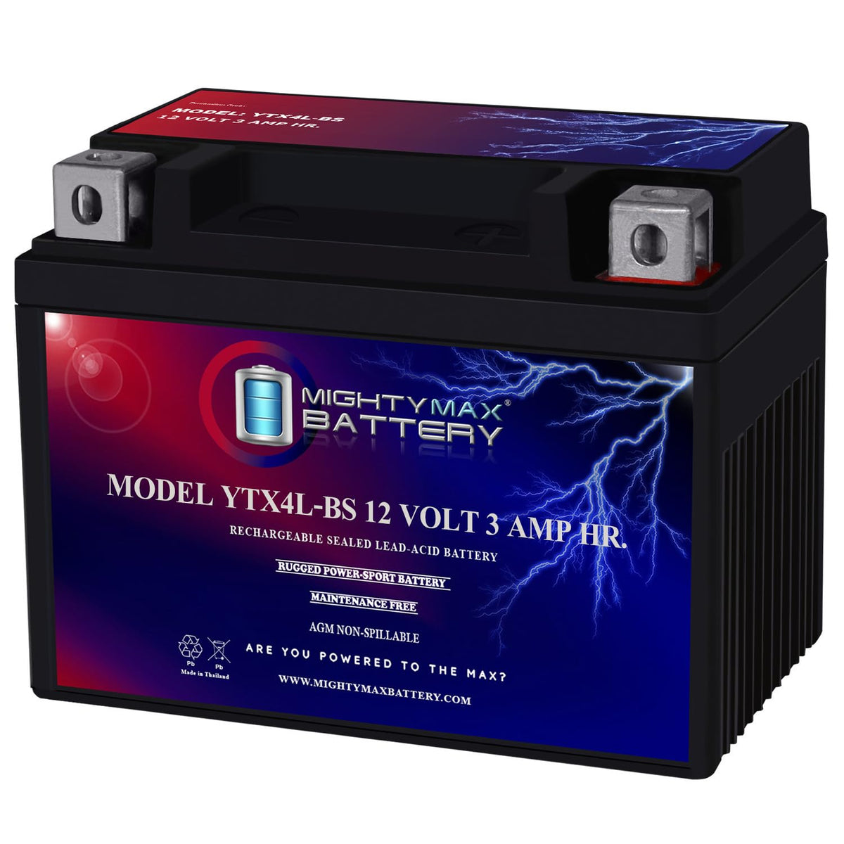 Mighty Max Battery front packaging showing compact 12V 3Ah unit and benefits
