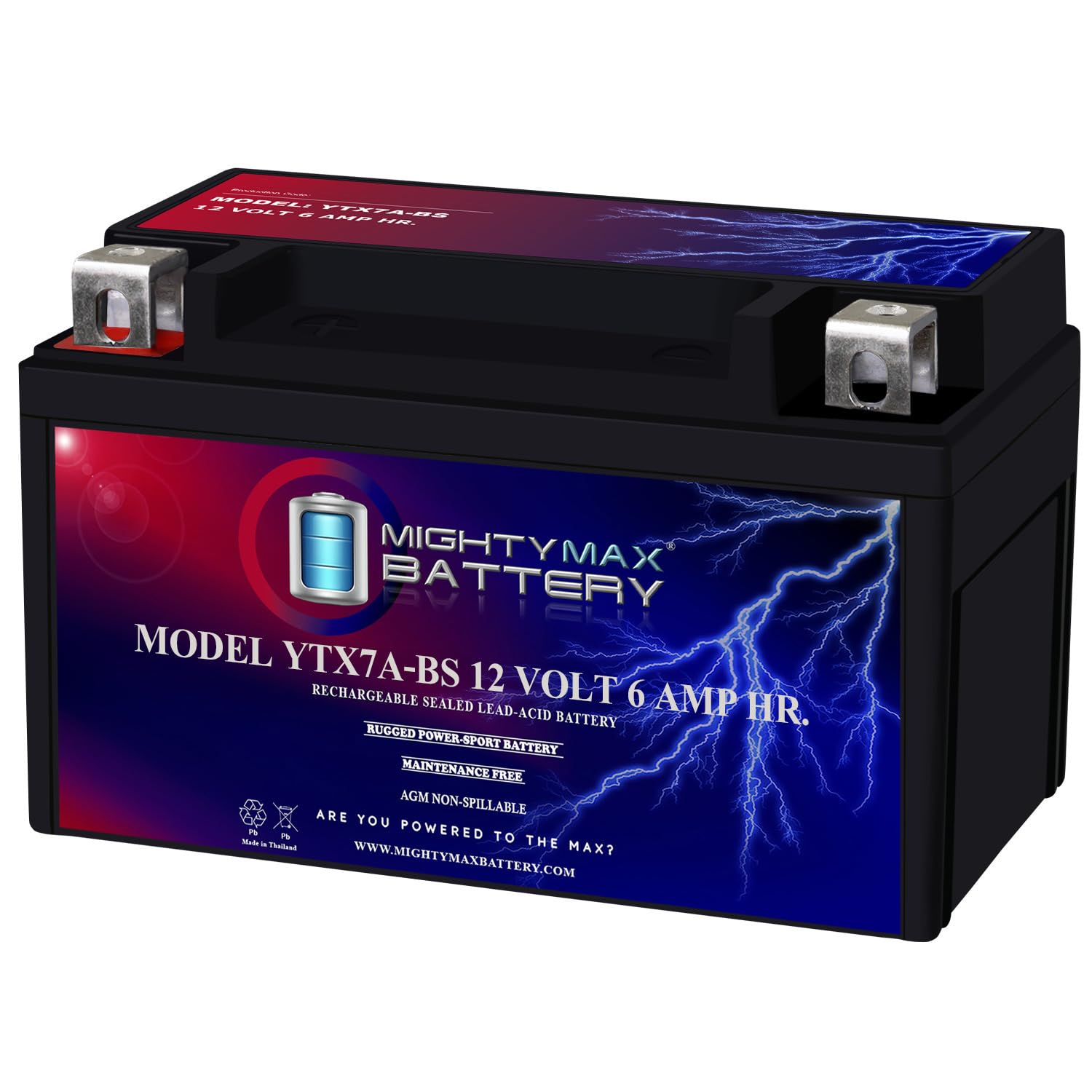 Mighty Max Battery front view showing compact sealed case and ready-to-install benefit
