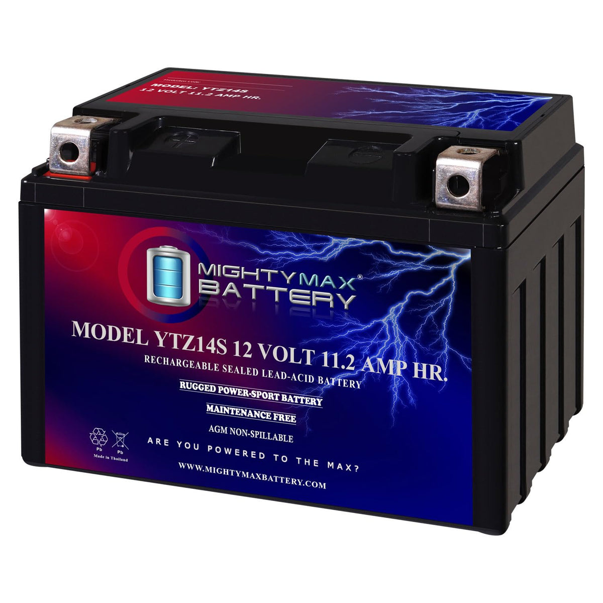 Mighty Max Battery front view showing compact AGM case and benefit of space-saving fit