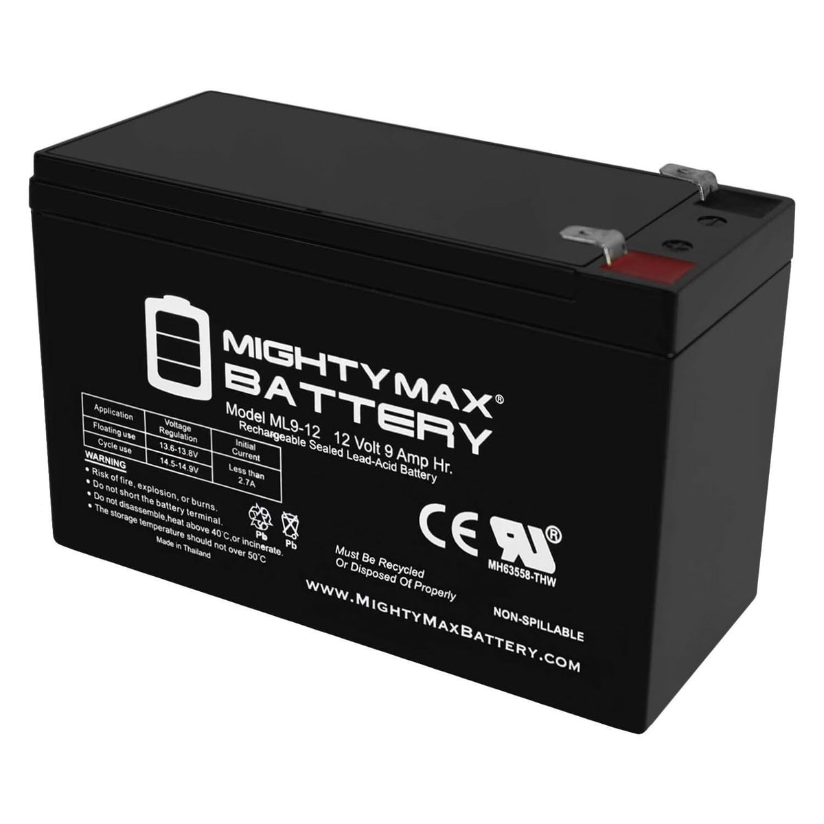 Mighty Max Battery front view showing compact 12V 9Ah design and easy installation