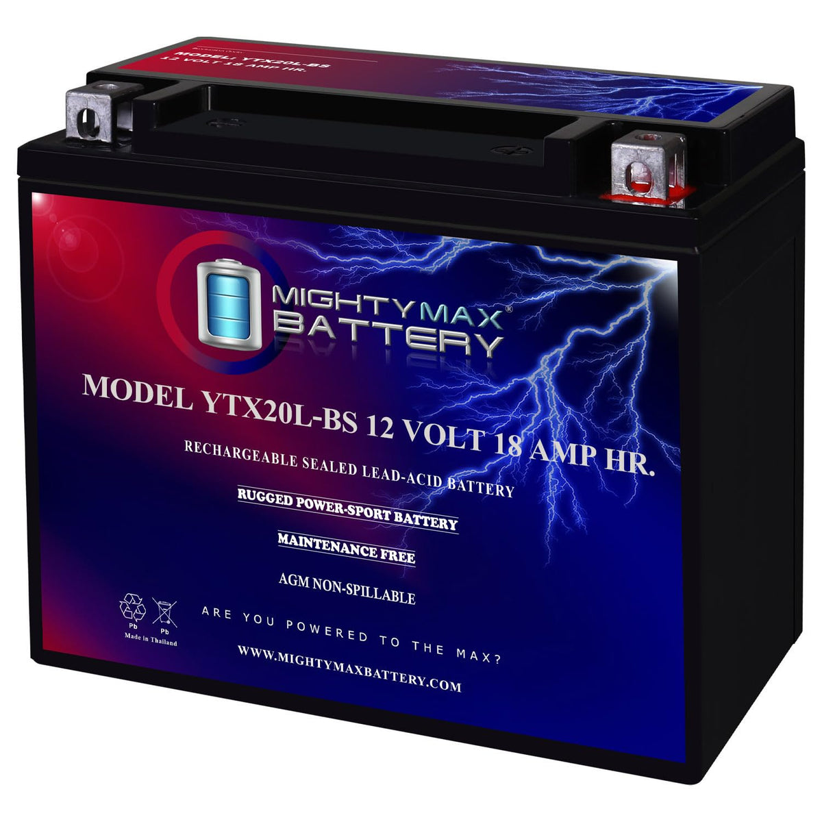 Mighty Max Battery YTX20L-BS front view showing compact sealed case and ready-to-install benefit