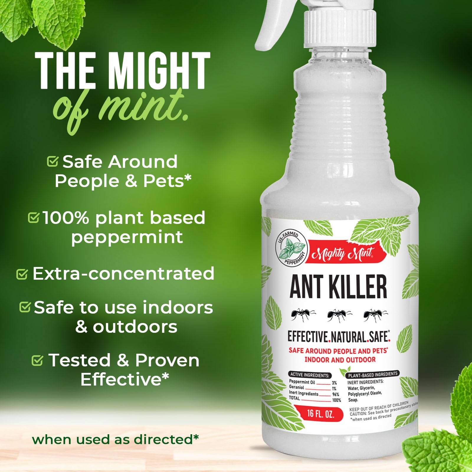 Hand holding Mighty Mint bottle for scale to show portable 16 oz convenience