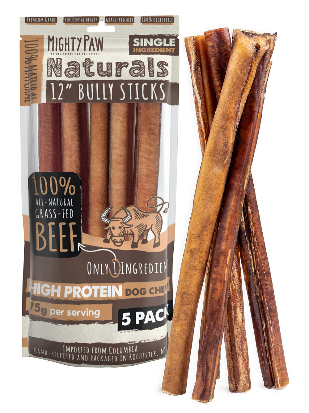 Mighty Paw front packaging showing five 12-inch bully sticks and benefits