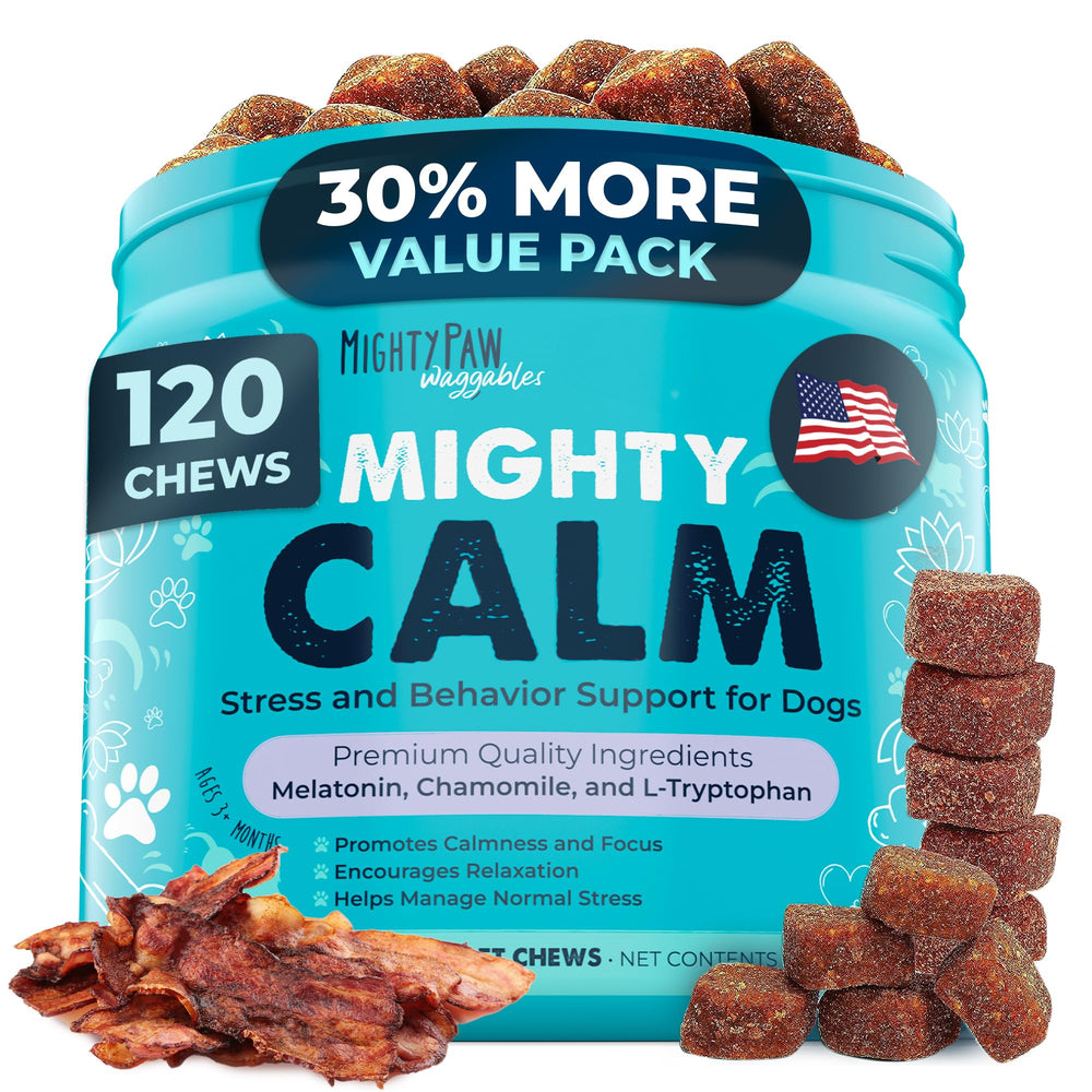 Mighty Paw front packaging showing 120-count jar and calming chews benefit convenience