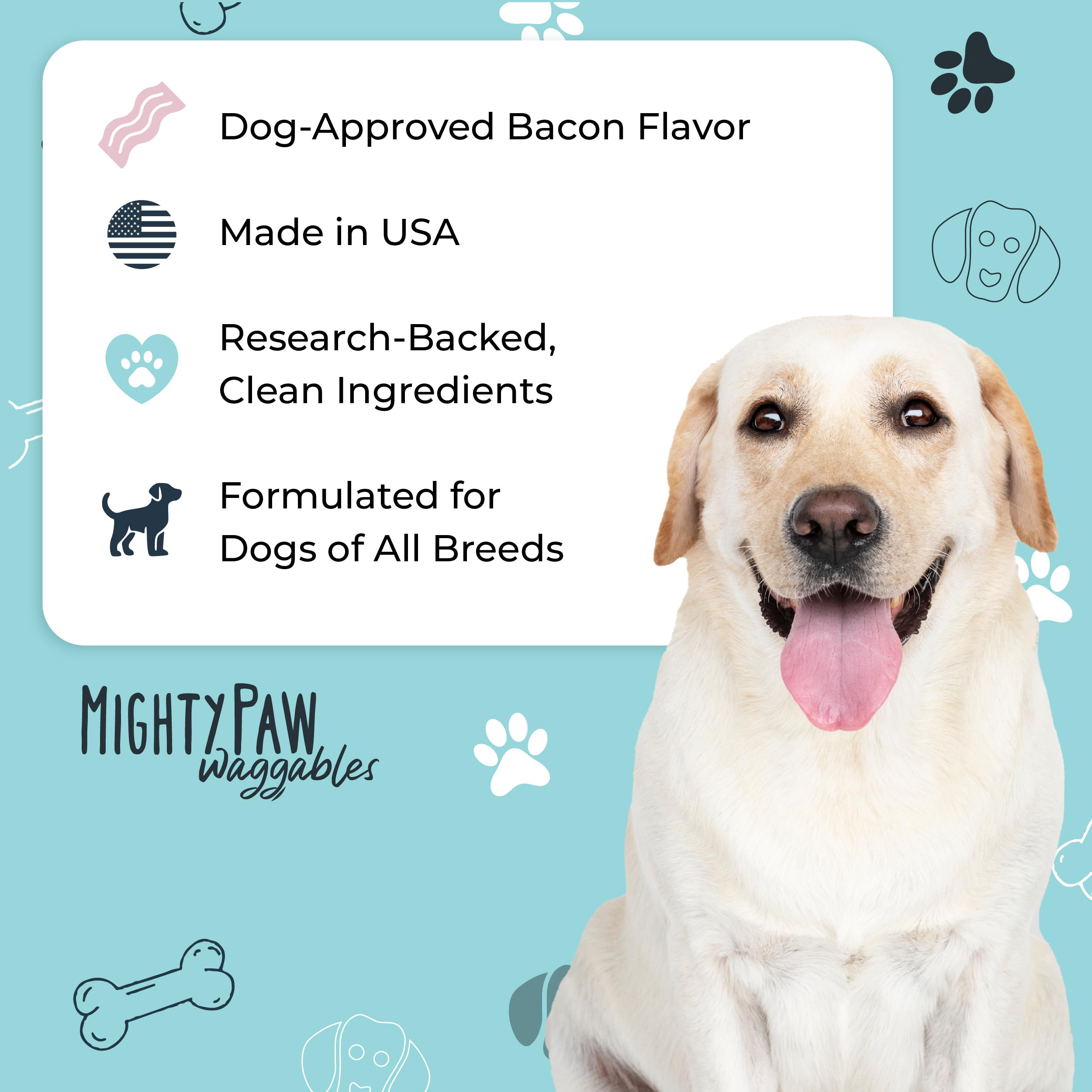 Mighty Paw ingredient icons highlighting omega-3s quercetin turmeric