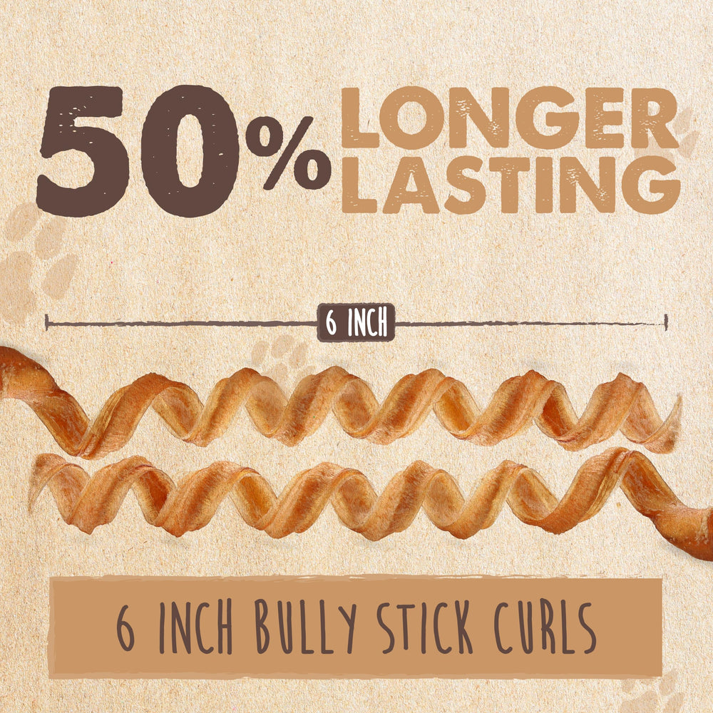 Open Mighty Paw bag displaying five curly bully sticks, convenient travel-ready supply