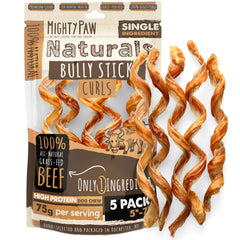 Mighty Paw front packaging showing 5-count curly bully sticks, natural sourcing benefit