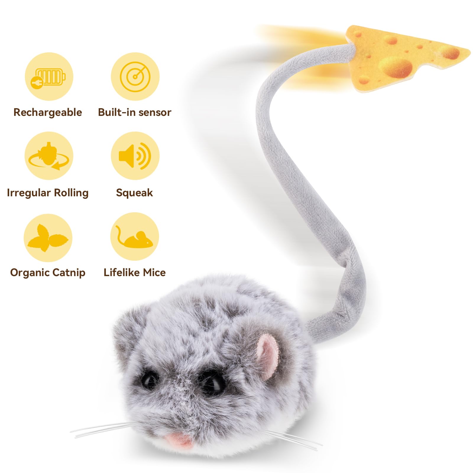 Migipaws MigiMouse rolling while a cat pounces, promotes active exercise