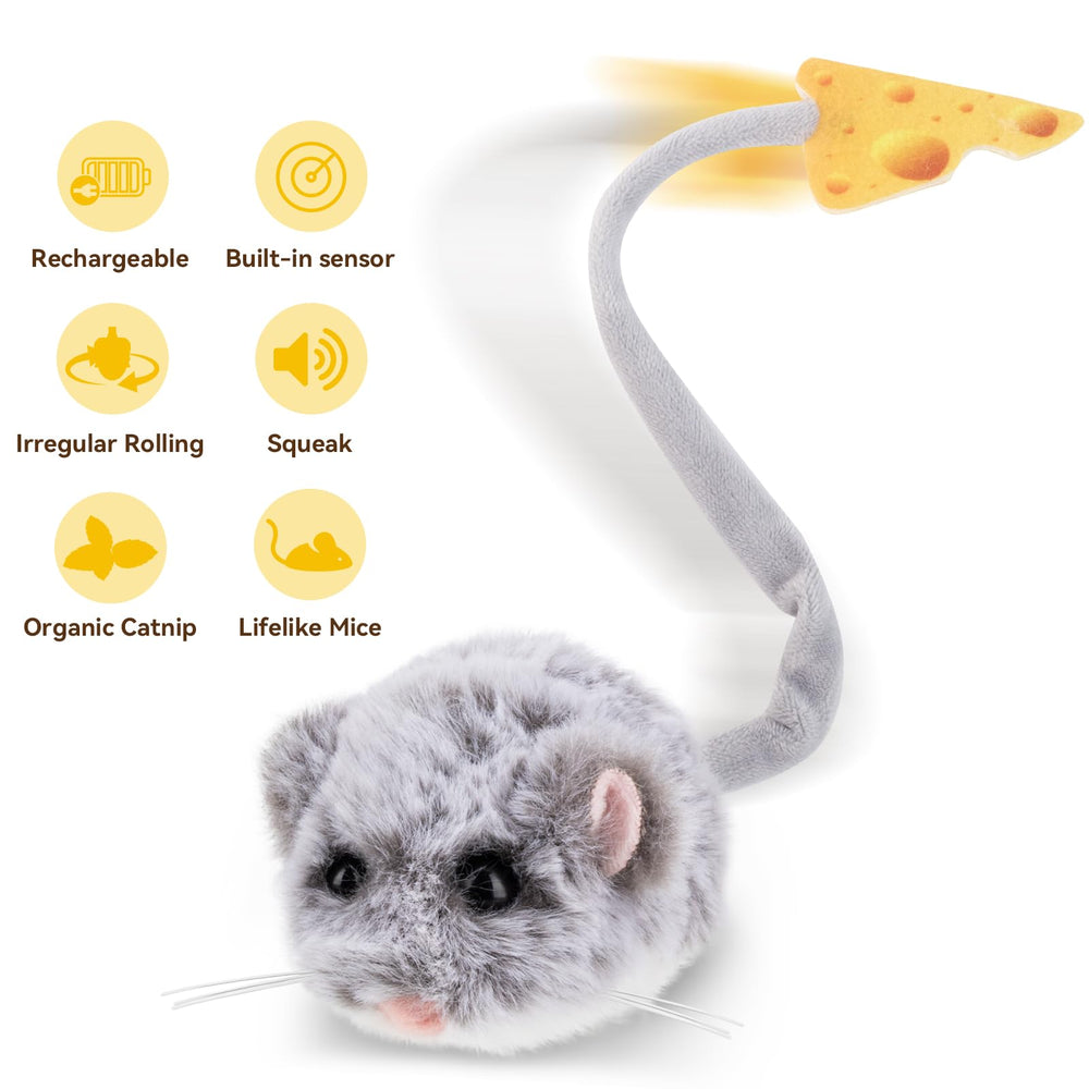 Migipaws MigiMouse rolling while a cat pounces, promotes active exercise