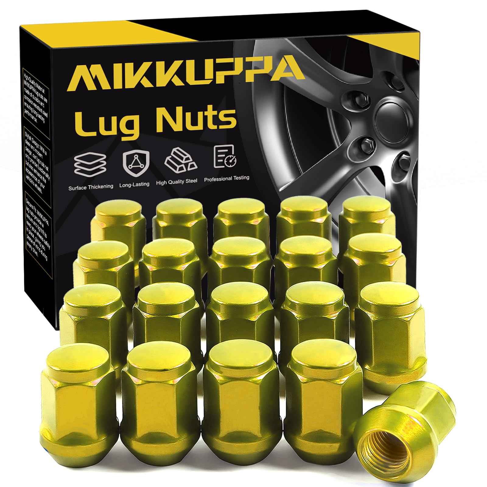 MIKKUPPA gold lug nuts front packaging showing full 20-piece set and branding benefit durable finish