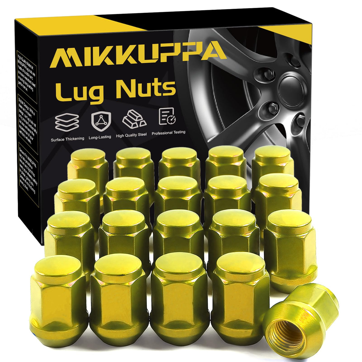 MIKKUPPA gold lug nuts front packaging showing full 20-piece set and branding benefit durable finish