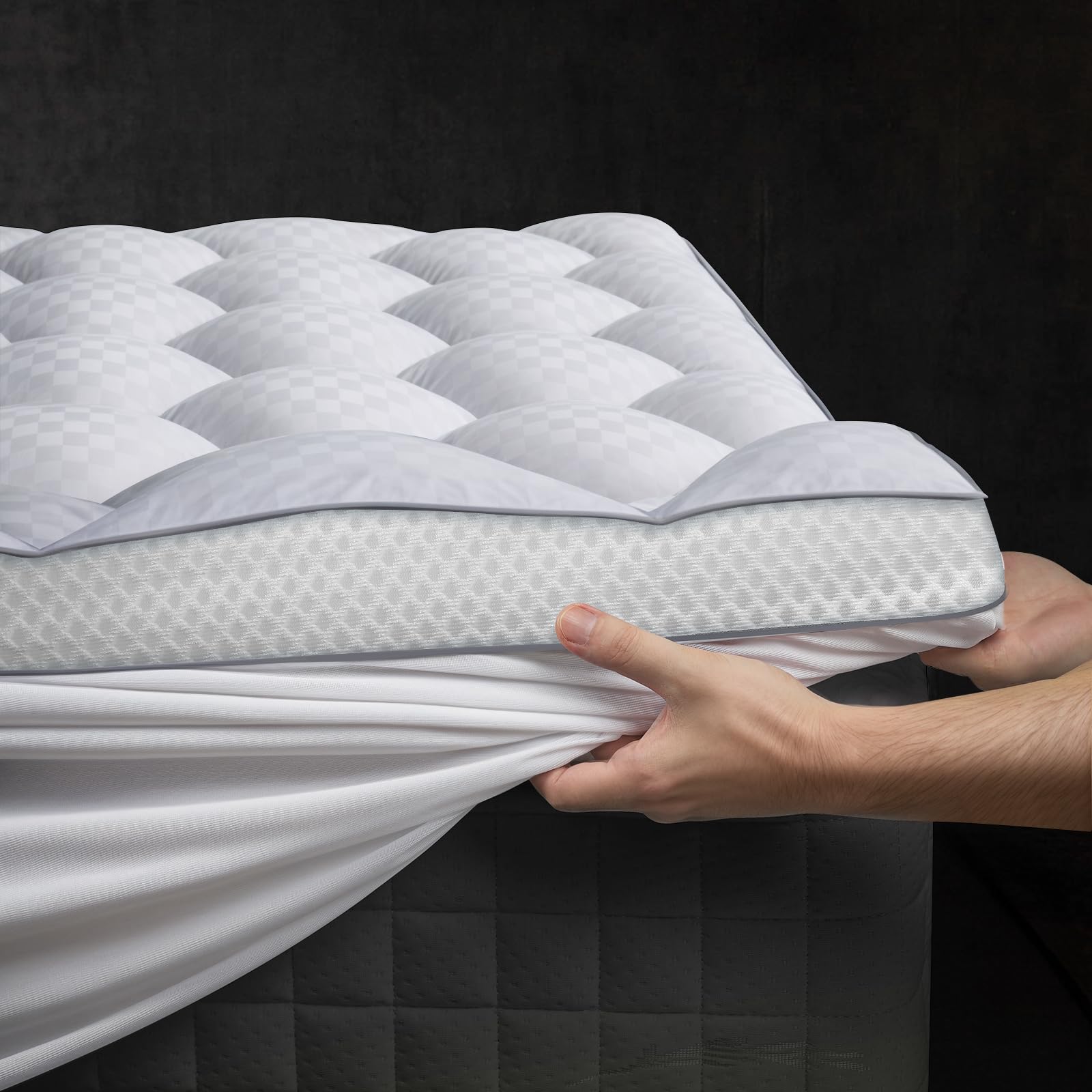 Milcabe front view of Twin XL topper showing plush pillow top and neat packaging, adds comfort