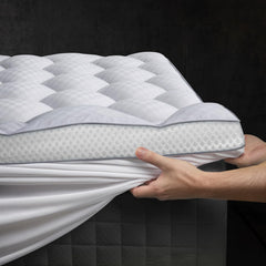 Milcabe front view of Twin XL topper showing plush pillow top and neat packaging, adds comfort