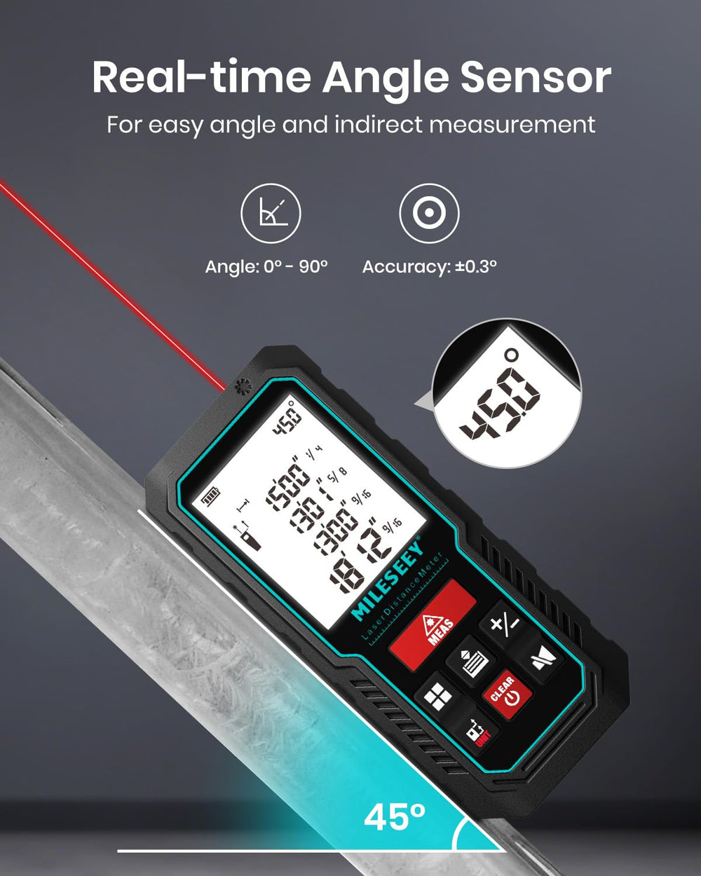 MiLESEEY display and controls highlighting one-button area/volume calculations advantage