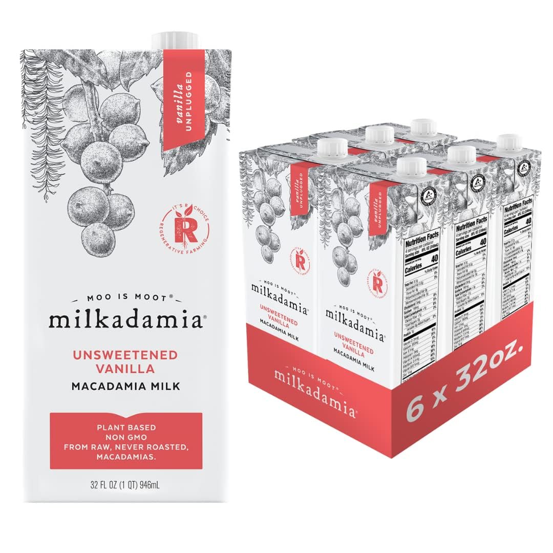 Milkadamia carton front view showing unsweetened vanilla label and zero-sugar benefit