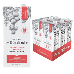 Milkadamia carton front view showing unsweetened vanilla label and zero-sugar benefit