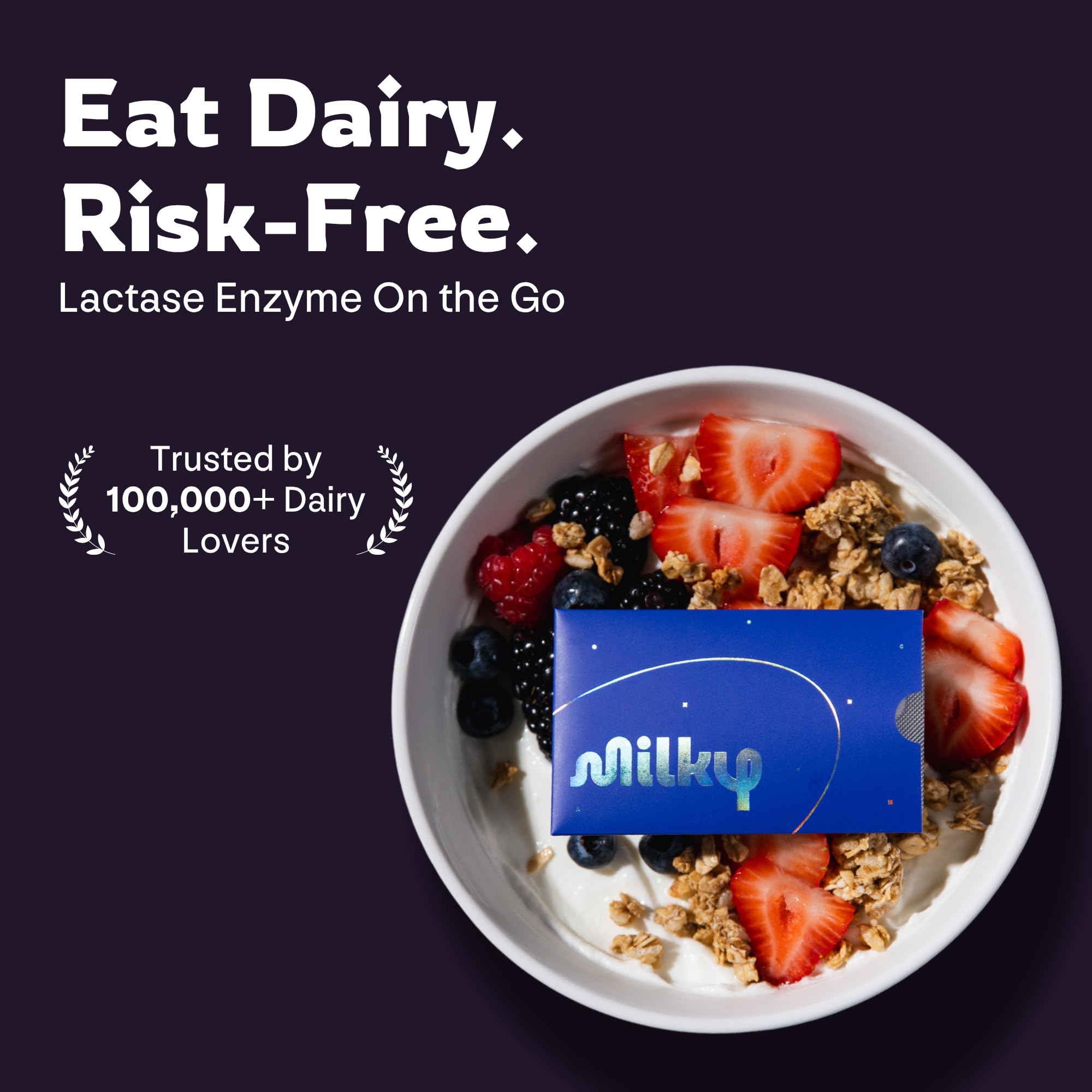 Milky credit-card sleeves open next to pack for discreet portable enzyme access