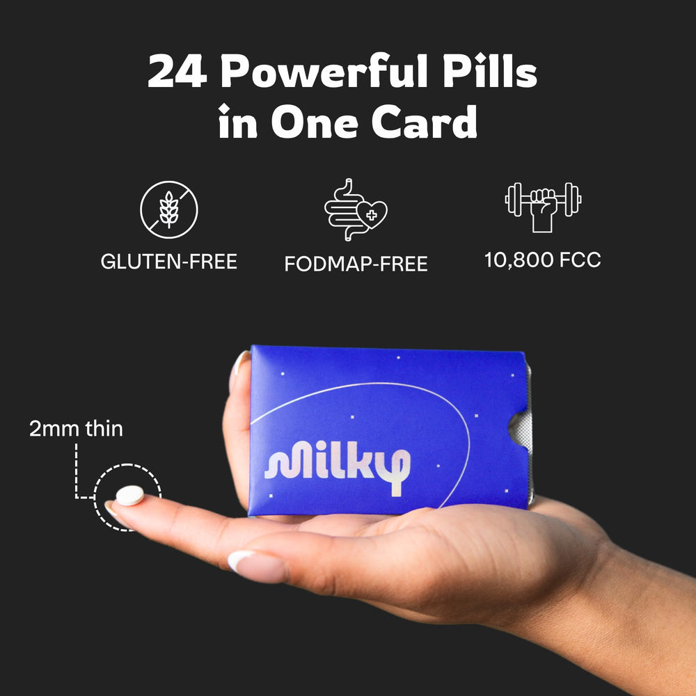 Milky tablet held in hand to show size and easy dosing for on-the-go relief