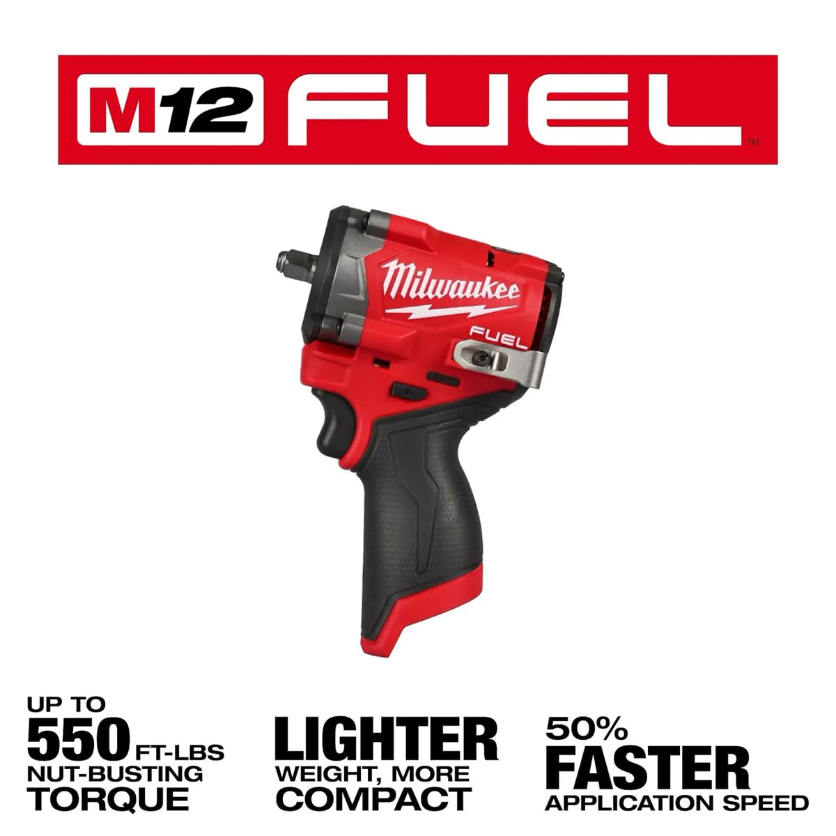 Milwaukee M12 FUEL side profile close-up showing grip and balance advantage
