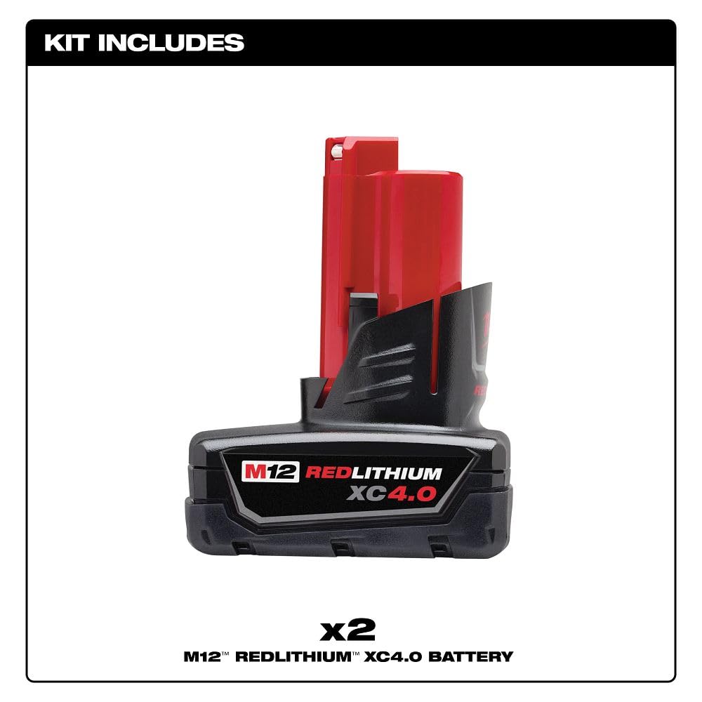 Milwaukee M12 retail packaging showing two-pack convenience and spare battery benefit