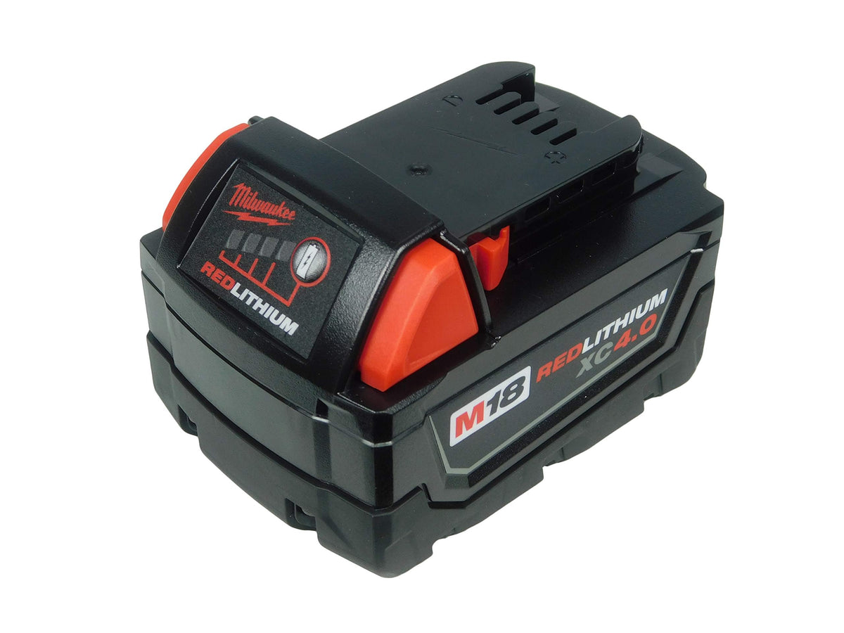 Milwaukee M18 battery front packaging showing model and durable design benefit