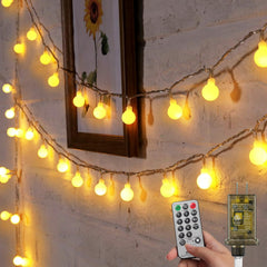 Minetom front view of 33ft globe lights showing warm white glow and coverage