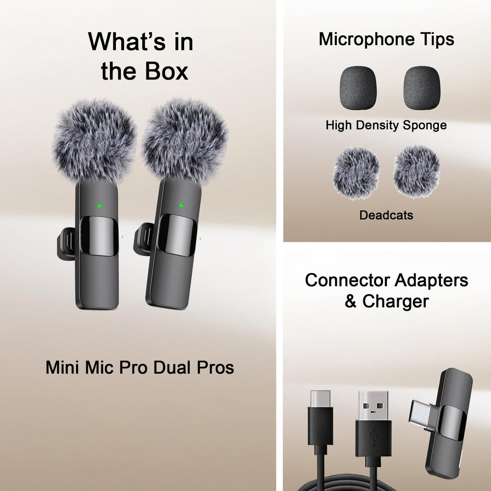 Mini Mic Pro accessories kit with cable, clips, and wind protection for creators