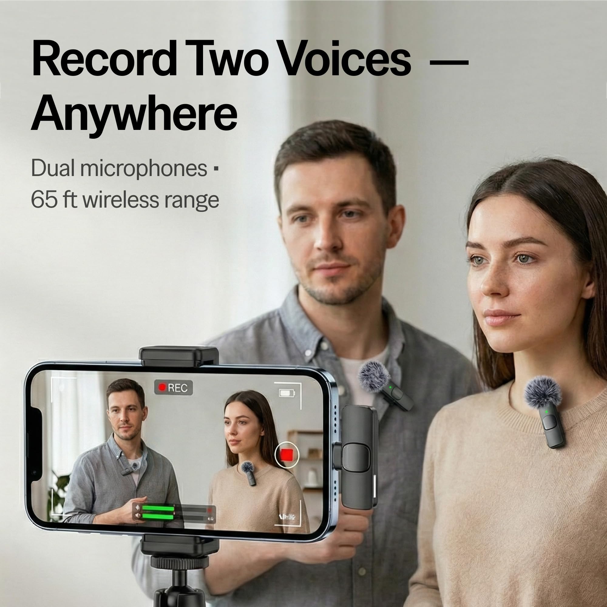Mini Mic Pro with Lightning and USB-C adapters laid out, Mini Mic Pro plug-and-play convenience