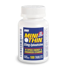 Opened Mini Thin bottle with scattered tablets, Mini Thin supplying multiple doses
