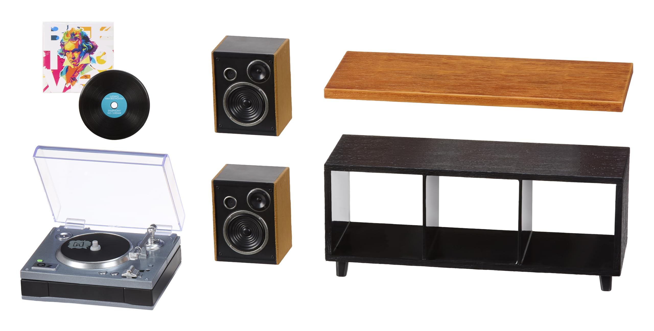 MGA's Miniverse retail box opened showing player, vinyl, speakers and included pieces