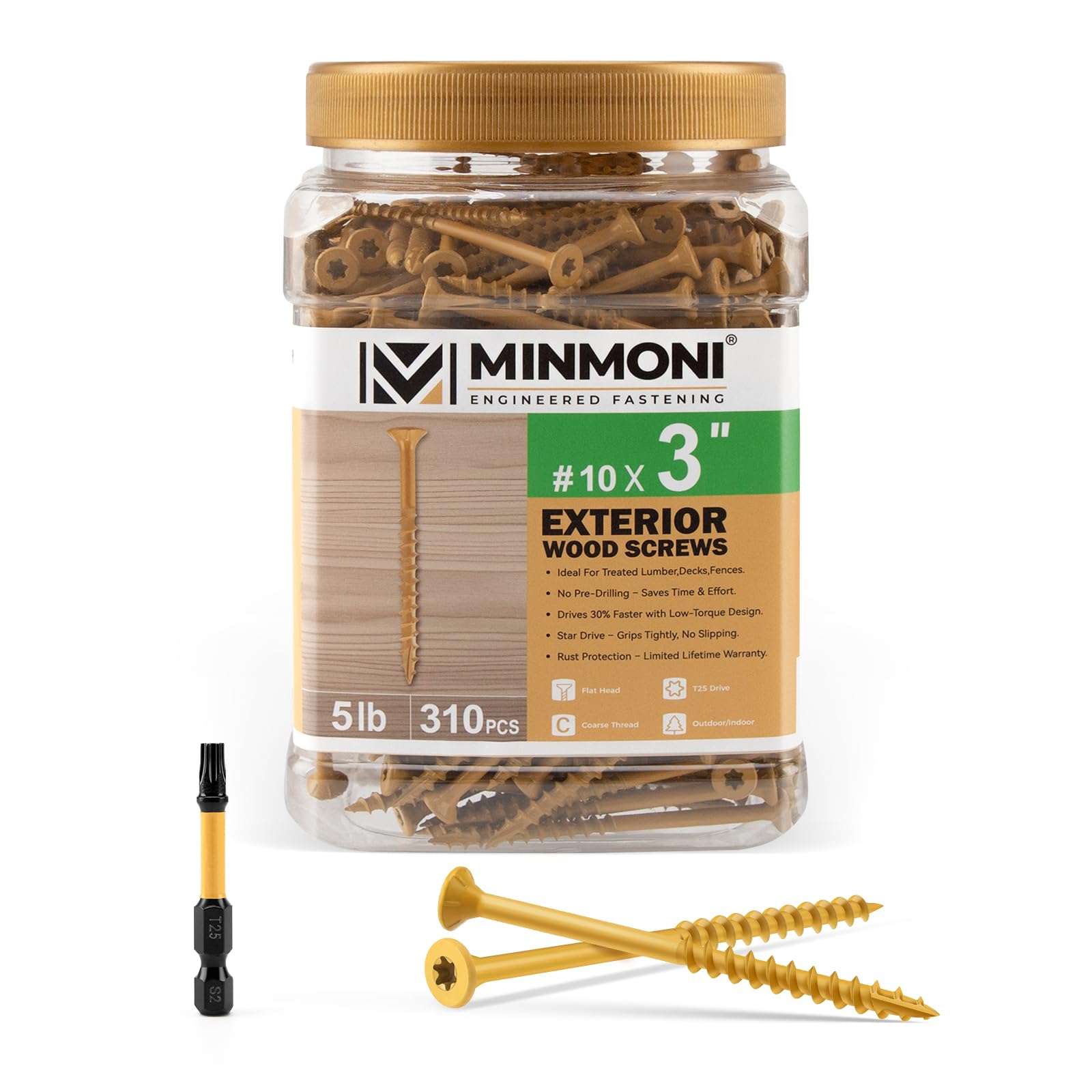 MINMONI front packaging 5lb box showing 310 tan deck screws and included T25 bit improves convenience