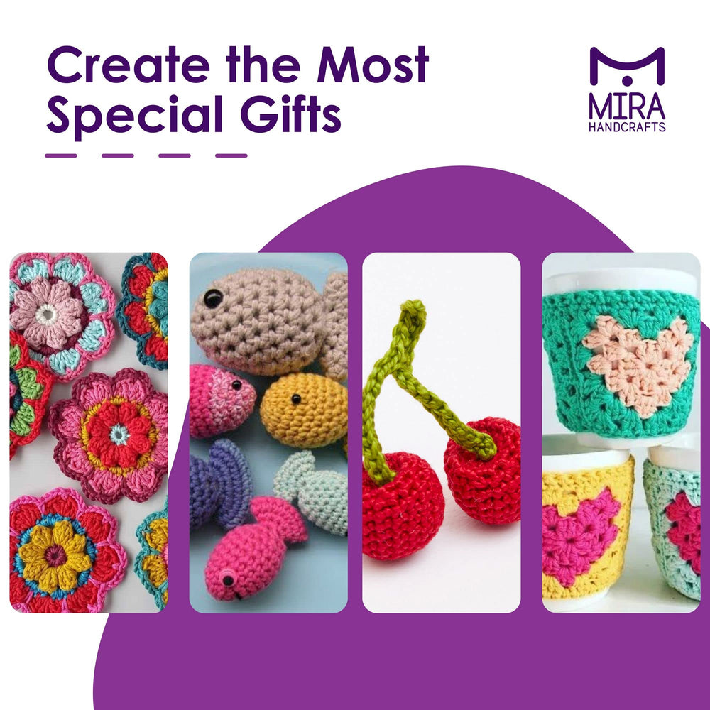 Mira HandCrafts PDF pattern ebooks beside yarn to support beginner project success